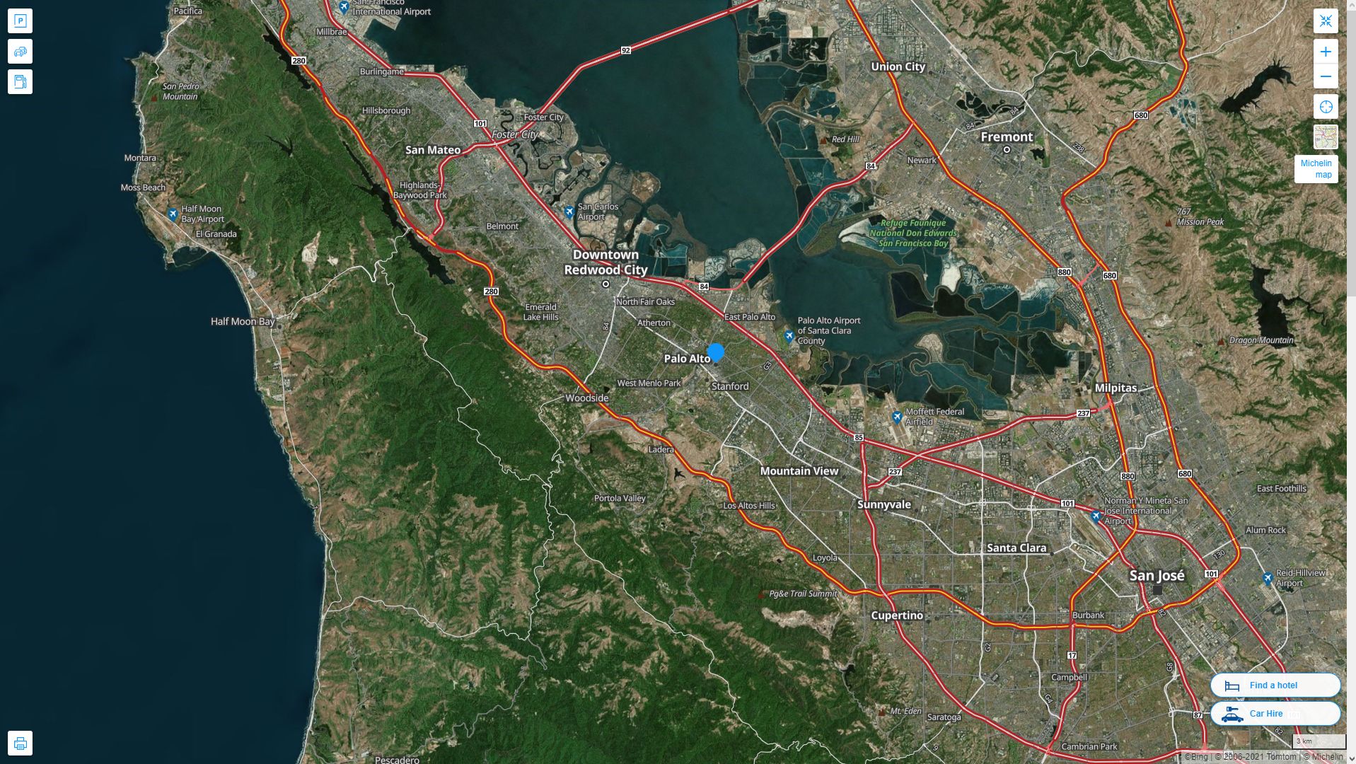 Palo Alto California Highway and Road Map with Satellite View